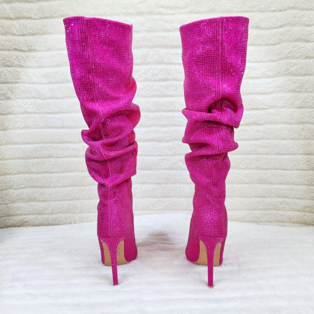Radiant Fuchsia Pink Rhinestone High Heel Slouch Knee High Boots - Picture 2 of 11